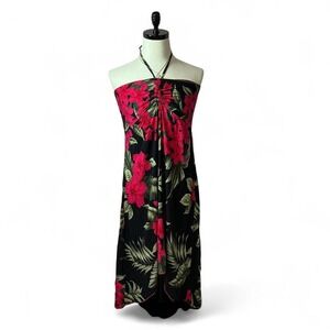 Hawaiian Halter‎ Maxi Dress Red Hibiscus Black Tropical Summer Resort